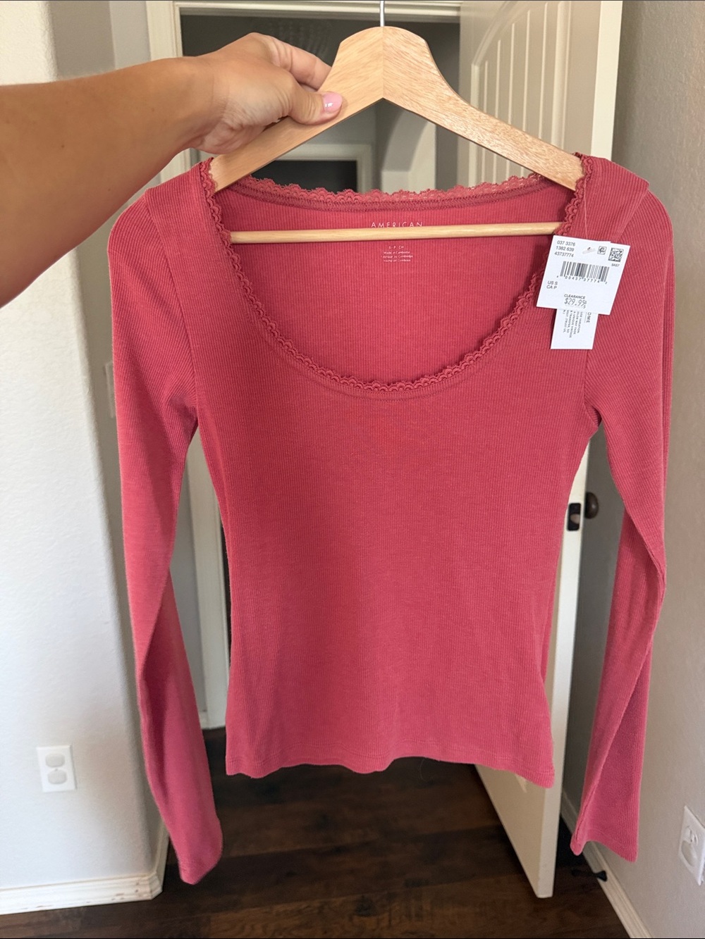 American Eagle Outfitters Long Sleeve Ribbed Scoop Neck Top - Rose